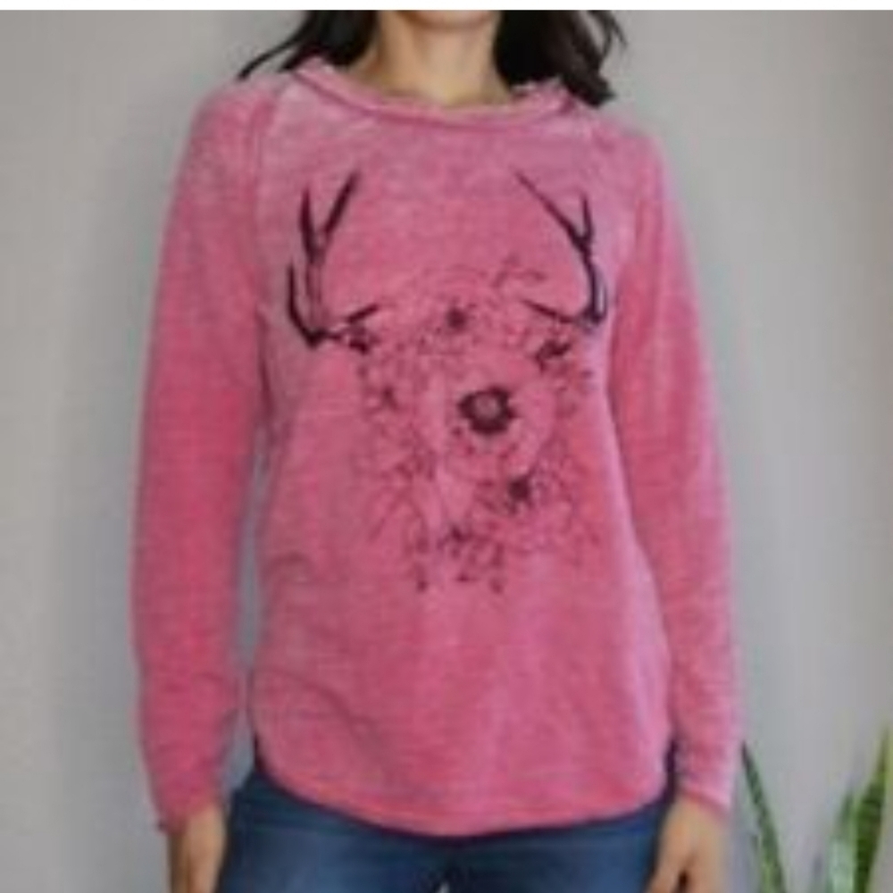 TOKYO DARLING Aeropostale Pink Antlers Flowers Long Sleeve Distressed Sweatshirt